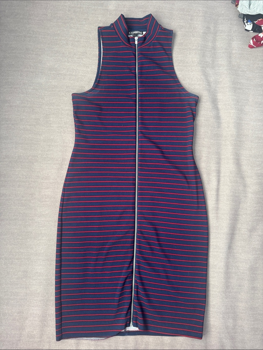 Express Navy and Red Striped Sleeveless Zip-Front Midi Dress